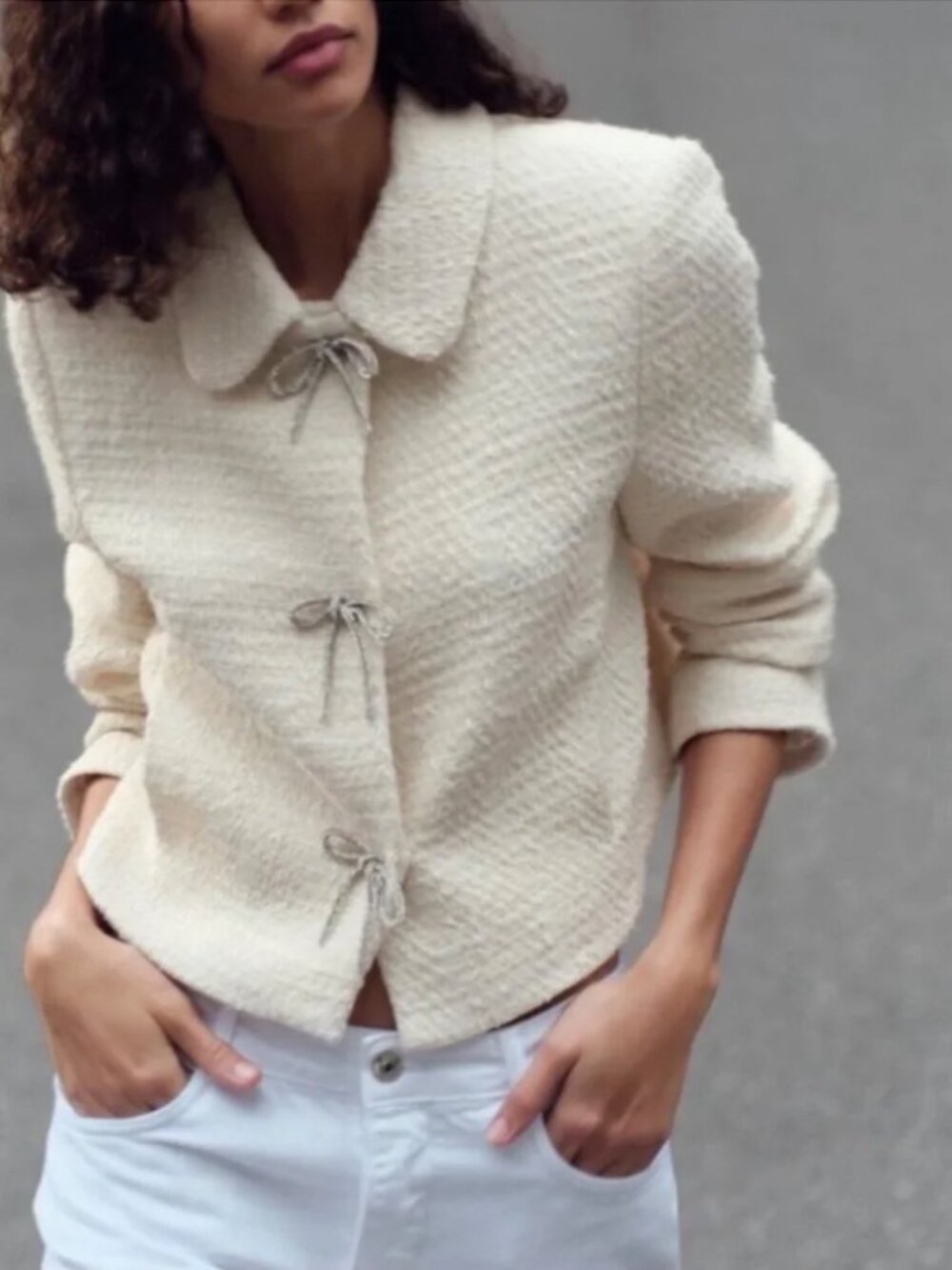 ZARA Textured Cropped Tweed Jacket with Rhinestone Bows - Ecru (Size Small)